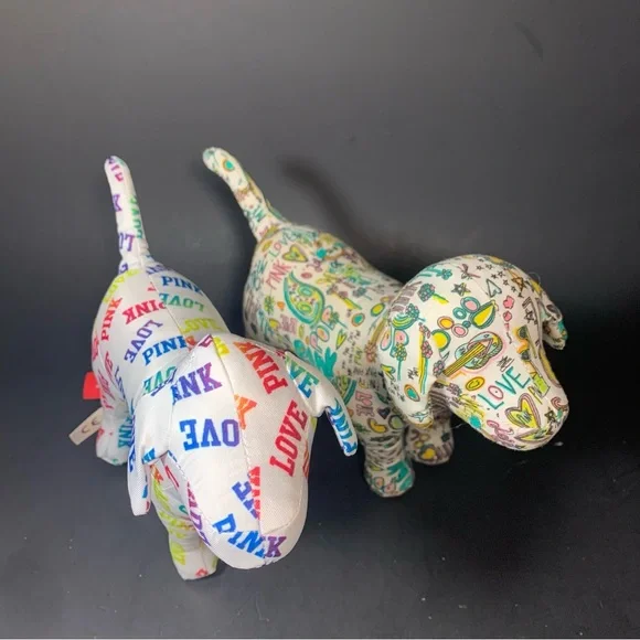 PINK by Victoria's Secret White Dog Rainbow Love and Graffiti Plush Dog Lot of 2 - Picture 2 of 13